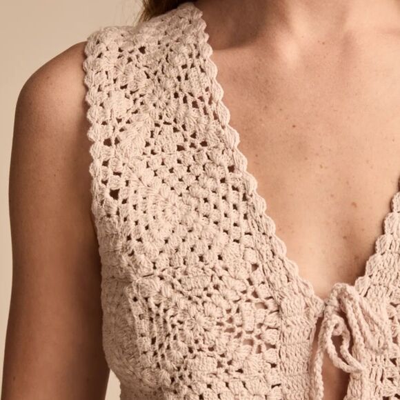 Lucky Brand XL Blush Pink Square Crochet Front Tie Cropped Festival Vest - Picture 4 of 15